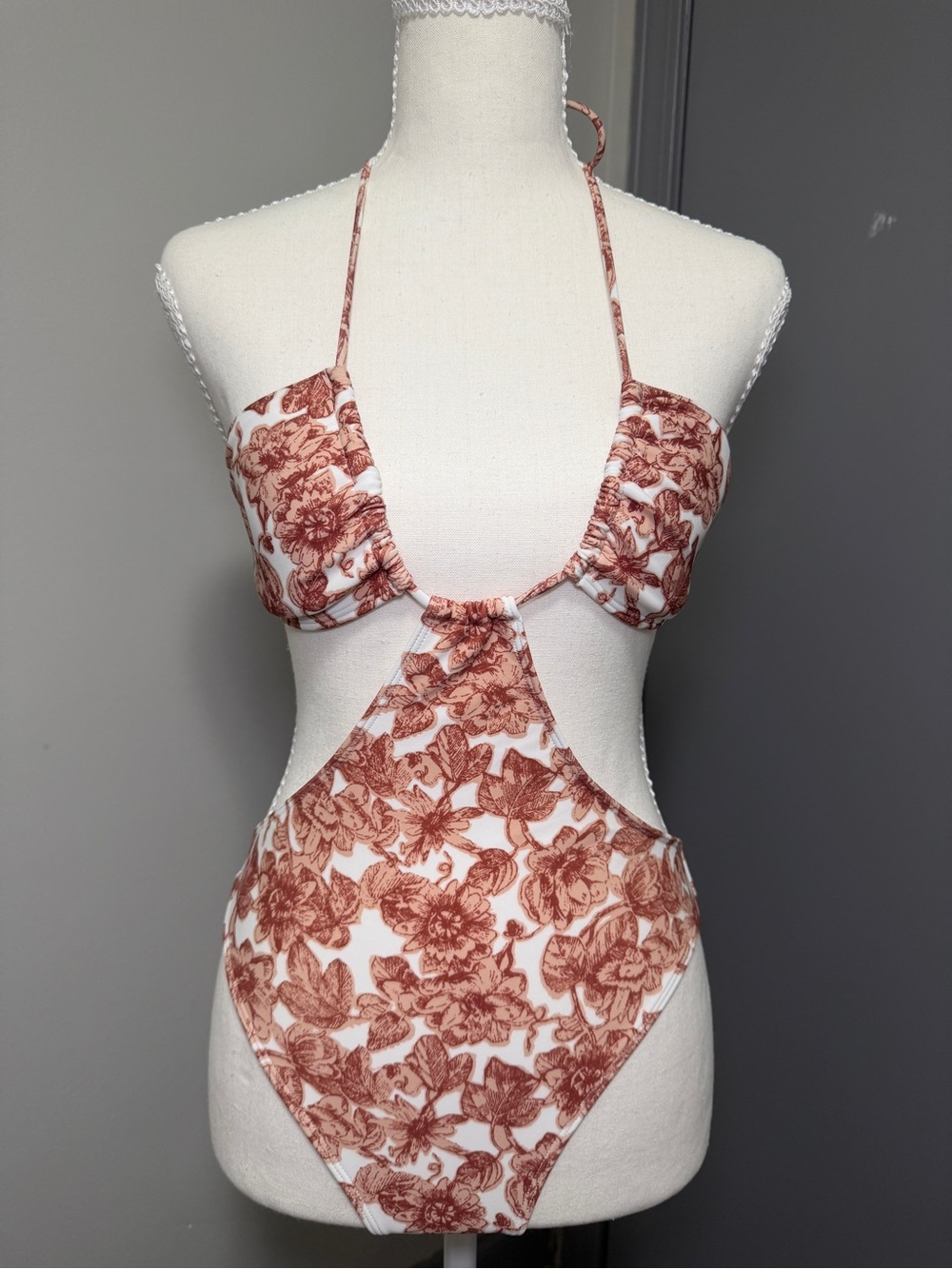 Abercrombie & Fitch White One-Piece Swimsuit with Rust Floral Print